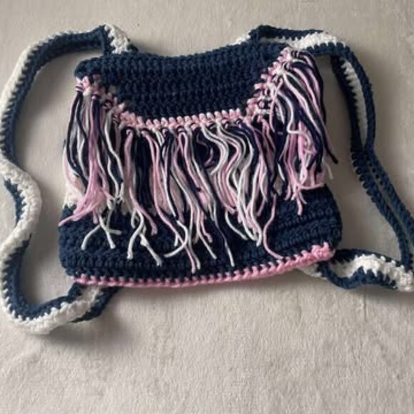 New Handmade Crochet Blue White & Pink Fringe Backpack - Picture 1 of 8